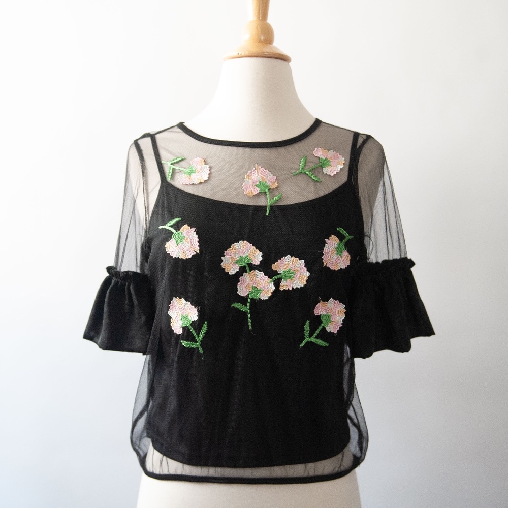 GD Golden Days Paris Ruffle Sleeve Embroidered Floral Top
